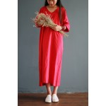 V-collar cotton linen long gown New 2016 autumn half-sleeve loose waist casual dresses for female Vintage dresses white,red