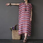 V-neck Short sleeve Striped Plus size Women Long Dress Bohemian style Oversized Summer Dress Vintage Boho Robe Longue Femme A074