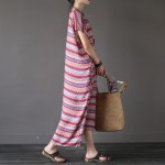 V-neck Short sleeve Striped Plus size Women Long Dress Bohemian style Oversized Summer Dress Vintage Boho Robe Longue Femme A074