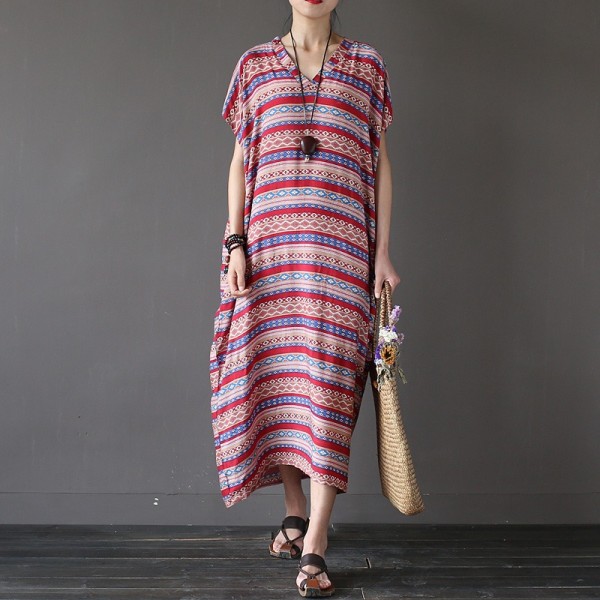 V-neck Short sleeve Striped Plus size Women Long Dress Bohemian style Oversized Summer Dress Vintage Boho Robe Longue Femme A074