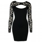 VEAMORS New Fashion Women Autumn Winter Black Long Sleeve Lace Patchwork Bodycon Bandage Dress Mini Casual Dress