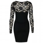 VEAMORS New Fashion Women Autumn Winter Black Long Sleeve Lace Patchwork Bodycon Bandage Dress Mini Casual Dress