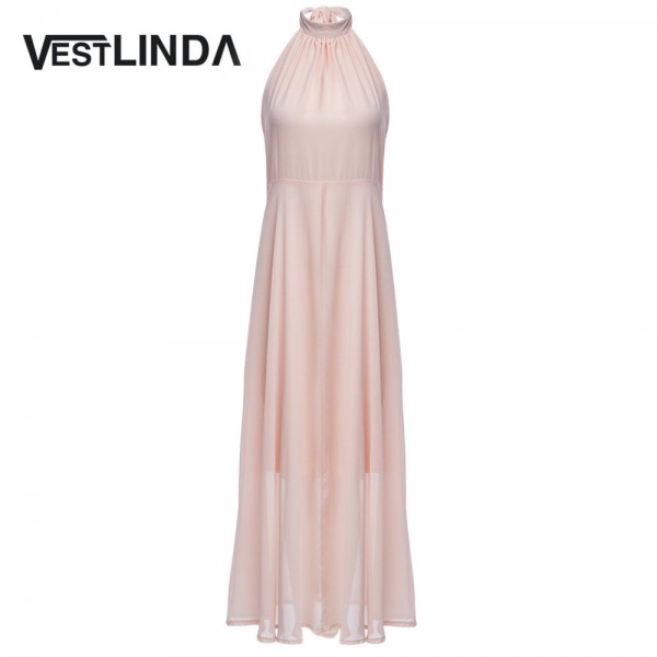 VESTLINDA 2017 Sexy Women Maxi Dress Sleeveless Halter Backless Lace-up Elegant Party Dress Chiffon Summer Beach Long Dress