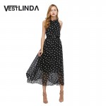 VESTLINDA 2017 Spring Women Casual Dress Ladies Sleeveless O-Neck Dot Print Elegant Party Dress Femme Brief Long Dresses