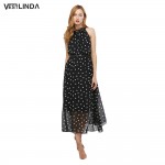 VESTLINDA 2017 Spring Women Casual Dress Ladies Sleeveless O-Neck Dot Print Elegant Party Dress Femme Brief Long Dresses