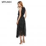 VESTLINDA 2017 Spring Women Casual Dress Ladies Sleeveless O-Neck Dot Print Elegant Party Dress Femme Brief Long Dresses