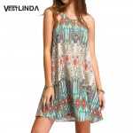 VESTLINDA 2017 Summer Women Bohemia Sleeveless Dress Floral Print Spaghetti Strap Mini Beach Dress Boho Hippie Vestidos Sundress