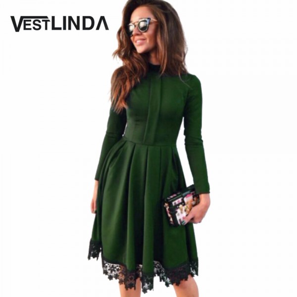 VESTLINDA Autumn Dress Women Party Dresses O Neck Long Sleeve A-Line Slim Vestido De Festa Lace Spliced Sexy Dress Robe Femme