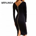 VESTLINDA Bodycon Sheath Dress Little Black Long Sleeve Party Dresses Women Back Full Zipper Robe Sexy Femme Pencil Tight Dress