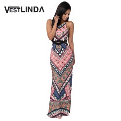 VESTLINDA Bohemian Dress Style Allover Tribal Print Cut Out Split Boho Beach Maxi Dress Women 2017 Summer Bodycon Slim Sundress