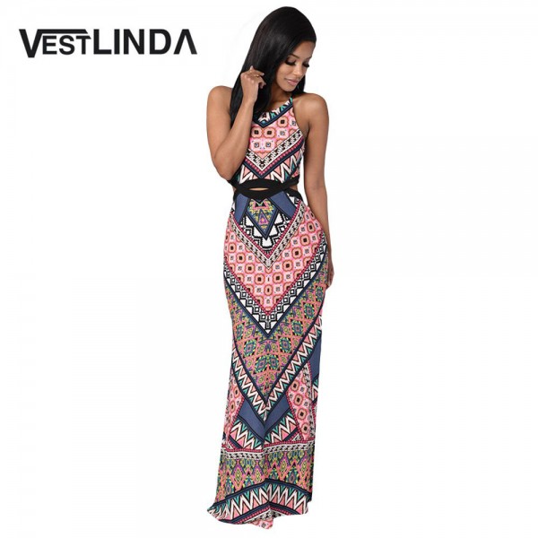 VESTLINDA Bohemian Dress Style Allover Tribal Print Cut Out Split Boho Beach Maxi Dress Women 2017 Summer Bodycon Slim Sundress