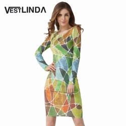 VESTLINDA Chic O Neck Long Sleeve Sheath Wrap Dress Patchwork Print Dress Female Sexy Club Women Mini Party Dress Elbise Femme