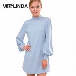 VESTLINDA Chiffon Dresses Women Elegant Turtleneck Lantern Sleeve Button Design Loose Mini Dress Ladies Vestidos Casual Dress