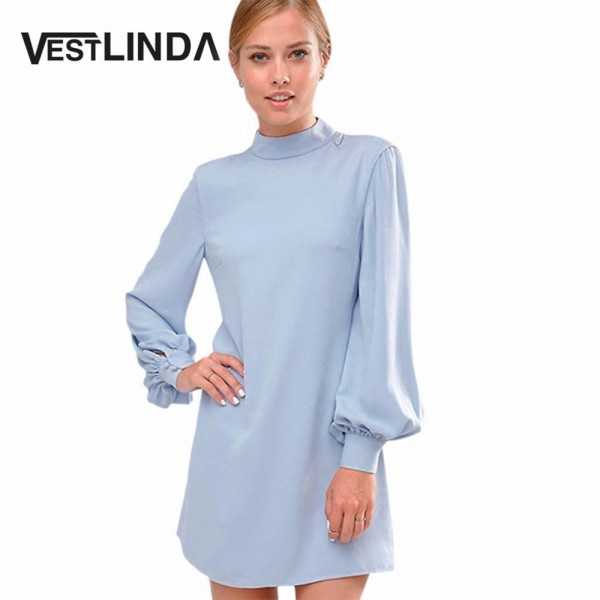 VESTLINDA Chiffon Dresses Women Elegant Turtleneck Lantern Sleeve Button Design Loose Mini Dress Ladies Vestidos Casual Dress