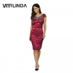 VESTLINDA Elegant Vintage Office Work Dress Women Bodycon Dress Short Sleeve Floral Embroidered Sheath Evening Night Party Dress