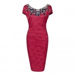 VESTLINDA Elegant Vintage Office Work Dress Women Bodycon Dress Short Sleeve Floral Embroidered Sheath Evening Night Party Dress
