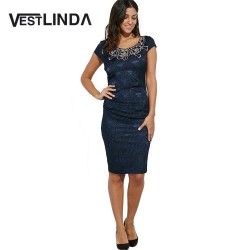 VESTLINDA Elegant Vintage Office Work Dress Women Bodycon Dress Short Sleeve Floral Embroidered Sheath Evening Night Party Dress