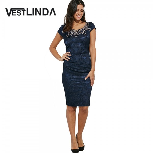 VESTLINDA Elegant Vintage Office Work Dress Women Bodycon Dress Short Sleeve Floral Embroidered Sheath Evening Night Party Dress