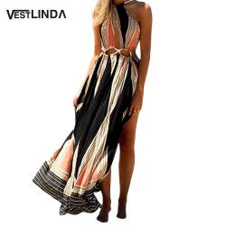 VESTLINDA Ethnic Printed Bohemian Women Summer Boho Split Long Dress Wrap Hollow Out Sleeveless Backless Women Maxi Beach Dress
