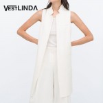 VESTLINDA Long Vest Back Split Outwear Waistcoats Women White Black Jacket Coat Sleeveless Cardigan Pocket Blazer Vest Femme Top