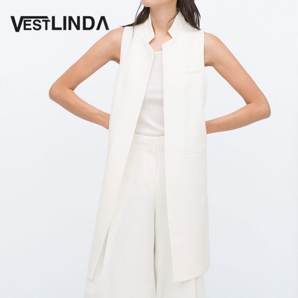 VESTLINDA Long Vest Back Split Outwear Waistcoats Women White Black Jacket Coat Sleeveless Cardigan Pocket Blazer Vest Femme Top