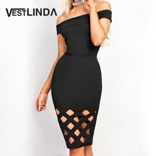 VESTLINDA New Off Shoulder Sexy Evening Party Dresses Women Slash Neck Black Dress Vestidos Robe Femme Hollow Out Bodycon Dress