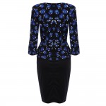 VESTLINDA OL Style Women Elegant Wear Work Business Pencil Dress V-Neck Floral 3/4 Sleeve Bodycon Faux Two Piece Office Dress