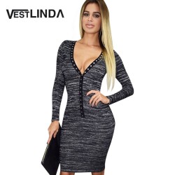 VESTLINDA Sexy Club Dress Fall Women Dress Plunging Neck Long Sleeve Sheath Bodycon Dress Casual Solid Slim Ladies Midi Dresses