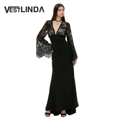 VESTLINDA Sexy Club Dress Women Evening Party Dresses Black Lace Flare Sleeve See-through Backless Long Vestidos Maxi Dress