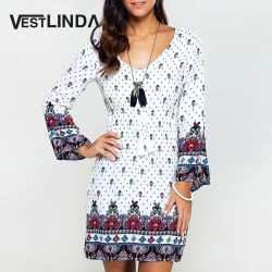 VESTLINDA Summer Bohemian Beach Dress Women Flare Sleeve Vintage Pattern Print Mini T-shirt Dress Casual Women Boho Ethnic Dress