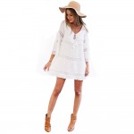 VESTLINDA Summer Boho Women White Mini T Shirt Dress Ladies Elegant Hollow Lace Bohemian Beach Short Dress Casual Party Dresses