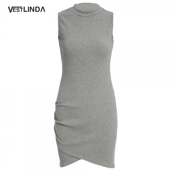 VESTLINDA Summer Brief Mini Dress Women O-Neck Sheath Party Dress Sleeveless Brief Pure Color Mini Dress Sexy Vestido Mujer