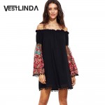 VESTLINDA Summer Dress Women Casual Dress Slash Neck Off Shoulder Embroidery Flare Sleeve Tassel Hem Loose Vestidos Mini Dress