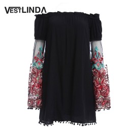 VESTLINDA Summer Dress Women Casual Dress Slash Neck Off Shoulder Embroidery Flare Sleeve Tassel Hem Loose Vestidos Mini Dress