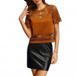 VESTLINDA T Shirt Women Ethnic Hollow Out T-Shirt Summer Boho Faux Leather Suede Back Zipper Cut Out Short Sleeve Tshirt Top