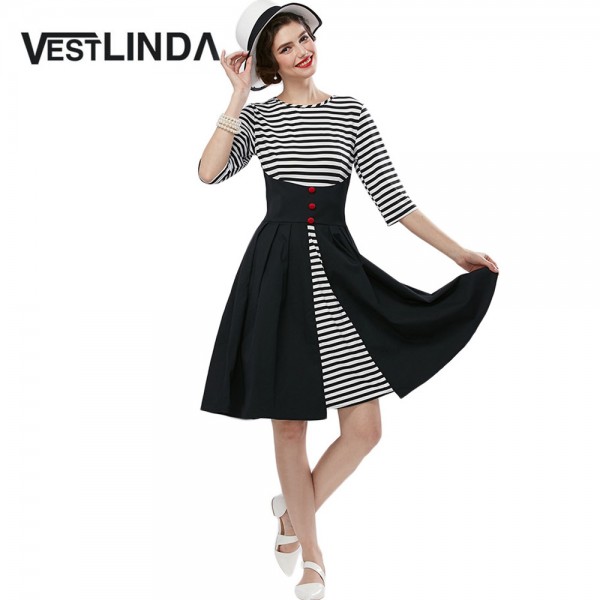 VESTLINDA Vintage Dress Black White Stripper Dress Women O Neck 3/4 Sleeve A Line Mid Calf Long Dress Vestido De Festa Plus Size