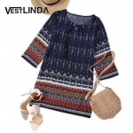 VESTLINDA Vintage Ethnic Print Summer Mini T Shirt Dress Women Bohemian Long Sleeve Party Dresses Boho Beach Dress