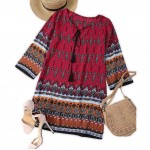 VESTLINDA Vintage Ethnic Print Summer Mini T Shirt Dress Women Bohemian Long Sleeve Party Dresses Boho Beach Dress