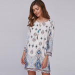 VESTLINDA Vintage Ethnic Print Summer Mini T Shirt Dress Women Bohemian Long Sleeve Party Dresses Boho Beach Dress