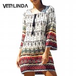 VESTLINDA Vintage Ethnic Print Summer Mini T Shirt Dress Women Bohemian Long Sleeve Party Dresses Boho Beach Dress