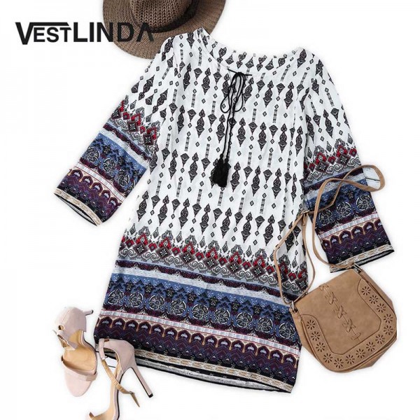 VESTLINDA Vintage Ethnic Print Summer Mini T Shirt Dress Women Bohemian Long Sleeve Party Dresses Boho Beach Dress