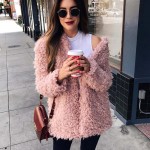 VESTLINDA Winter Grey Wool Overcoat Warm Outerwear Women Pink Faux Fur Coat Turn Down Collar Long Sleeve Cardigan Female Outwear