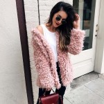 VESTLINDA Winter Grey Wool Overcoat Warm Outerwear Women Pink Faux Fur Coat Turn Down Collar Long Sleeve Cardigan Female Outwear