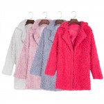 VESTLINDA Winter Grey Wool Overcoat Warm Outerwear Women Pink Faux Fur Coat Turn Down Collar Long Sleeve Cardigan Female Outwear