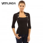 VESTLINDA Women T Shirt Tops Fall Tee Shirt Buttons Long Sleeve Ladies Shirts Knitted Femme Blusas Women Plus Size Black T-Shirt