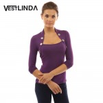 VESTLINDA Women T Shirt Tops Fall Tee Shirt Buttons Long Sleeve Ladies Shirts Knitted Femme Blusas Women Plus Size Black T-Shirt