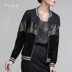 VING Women Autumn Outerwear Zipper Lace Baseball Uniform Loose Patchwork Paillette Short Jacket Female Top