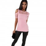 VITIANA Womens Short Sleeve T-shirt Ladies Fashion Red Pink Black Hollow Out Slim Spring Summer Casual Hot Tees Tops