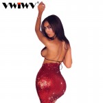 VWIWV Summer Style Sexy V neck Lace Up Ladies Dress Backless Club Party Dresses Prom Red Sequin Clothing Women Sets