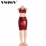 VWIWV Summer Style Sexy V neck Lace Up Ladies Dress Backless Club Party Dresses Prom Red Sequin Clothing Women Sets